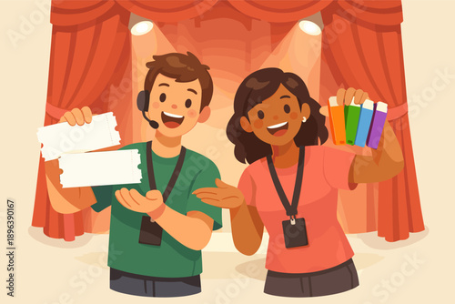 Smiling caucasian male and hispanic female presenters with tickets and markers on stage