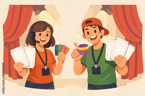 Enthusiastic young caucasian volunteers distribute tickets and bracelets at fun event