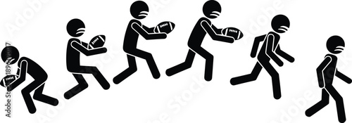 Black silhouette vector pictogram set featuring American football players running with a ball for sports team competition athletic training and urban lifestyle design