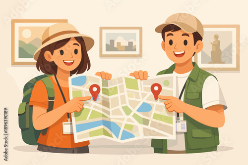 Young diverse travelers exploring with map in art gallery