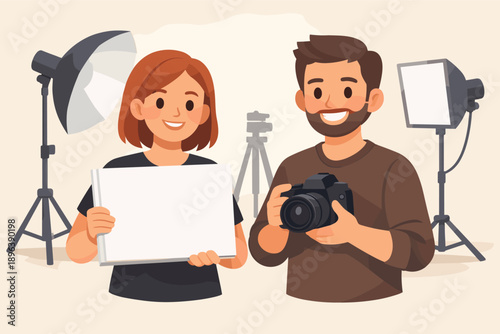Smiling female and male cartoon photographers in studio setting with lighting equipment