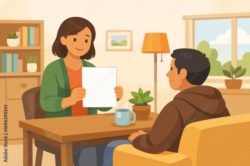 Fototapeta premium Young female caucasian therapist meeting with male client in cozy office interior