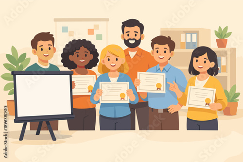 Diverse group of young adults celebrating achievement with certificates in office setting