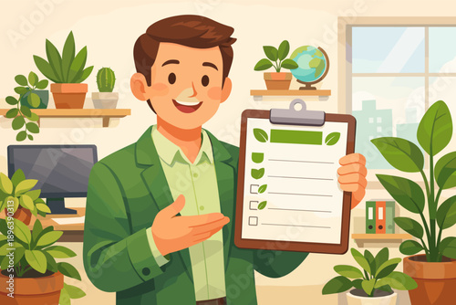 Male caucasian adult presenting eco-friendly checklist in green office with plants