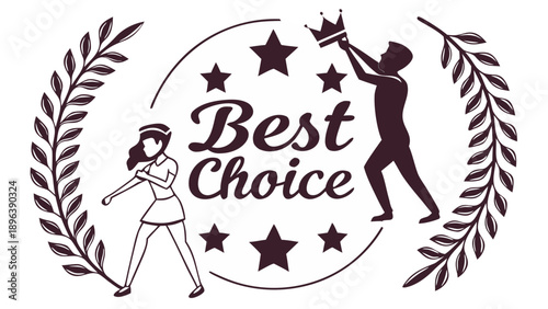 Best choice emblem with people and laurel wreath symbolizing success and excellence   - in trendy line style, line icons set, media, website, blog, content, web icon set, Vector illustration