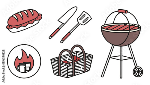 Essentials for a delightful outdoor barbecue picnic: grill, tools, food, and warm drinks   - in trendy line style, line icons set, media, website, blog, content, web icon set, Vector illustration