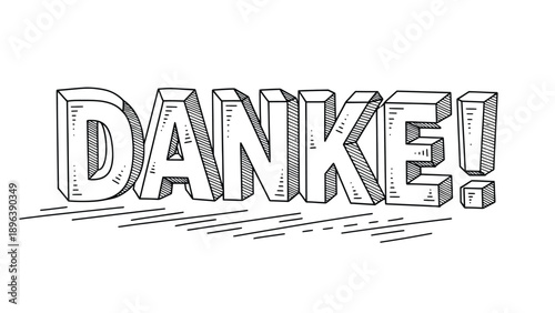Text "DANKE!" in bold, 3D block letters with a hand-drawn style. Lines behind the letters suggest movement or emphasis, conveying a lively and grateful tone.