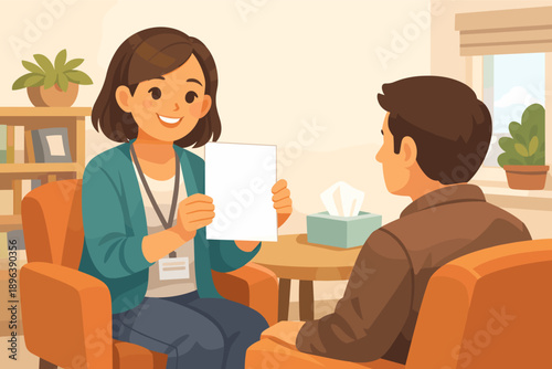 Female therapist discusses with male patient in office setting