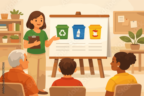 Female educator teaching recycling to diverse group with illustration of recycling bins