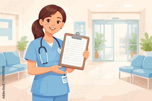 Female caucasian young nurse holding clipboard in hospital waiting room