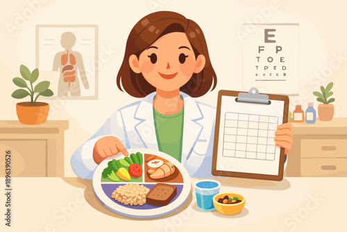 Female nutritionist explaining balanced diet with food plate diagram in office