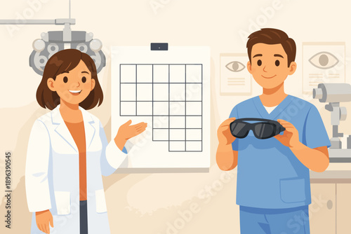 Asian female optometrist and hispanic male patient discussing eye exam results