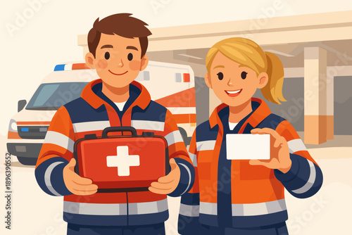 Young caucasian male and female paramedics holding first aid kit and id card near ambulance