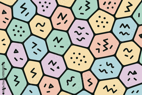 Colorful hexagonal pattern featuring abstract shapes in pastel colors
