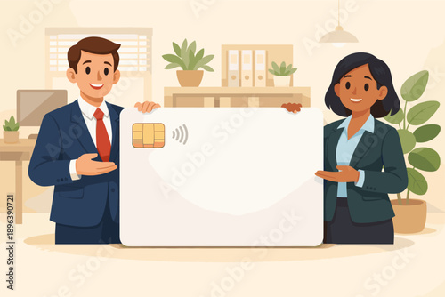 Professional presentation of contactless card by business team in office setting