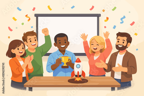 Diverse team celebrates achievement with trophy and rocket model