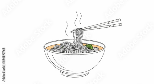 Steaming Bowl of Noodles with Chopsticks.