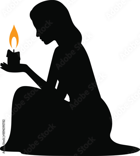 Silhouette of person sitting with lit candle, symbolizing reflection, remembrance, meditation, spirituality, and solemn emotional themes in black design.