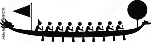 Silhouette of playful dragon boat team paddling together with balloon symbolizing teamwork fun creativity festival celebration unity