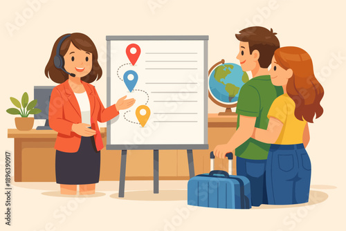 Female travel agent presenting vacation plans to young caucasian couple with suitcase