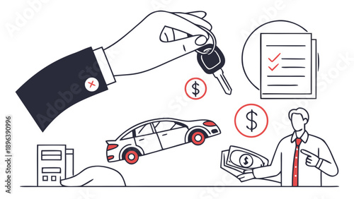 Car transaction process showing key exchange, payment, and necessary paperwork completion   - in trendy line style, line icons set, media, website, blog, content, web icon set, Vector illustration