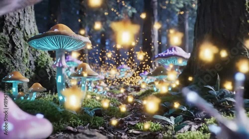 Fantasy forest scene with glowing mushrooms and a snail