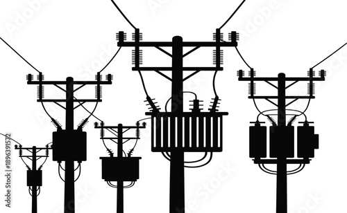 Silhouette of multiple electrical utility poles with transformers and wires against a white background Keywords: electricity, power, utility pole, transformer, electrical equipment, power