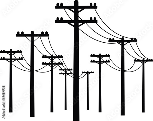 Silhouette of multiple utility poles with curved wires against a white background power line electricity
