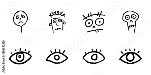 Abstract Faces And Eyes Line Icon Set In Doodle Style. Emotional Expression And Observation Outline Sketch Collection. Hand Drawn Isolated Vector Illustration