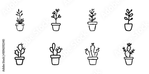 Potted Plants And Cacti Line Icon Set In Doodle Style. Indoor Gardening And Succulent Care Outline Sketch Collection. Home Decor And Nature Elements. Hand Drawn Isolated Vector Illustration