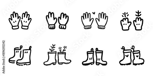 Gloves And Boots Line Icon Set In Doodle Style. Winter Clothing And Gardening Accessories Outline Sketch Collection. Hand Drawn Isolated Vector Illustration