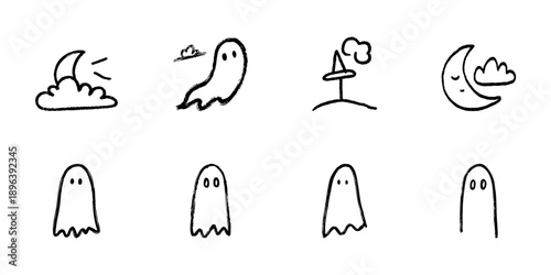 Ghost And Night Elements Line Icon Set In Doodle Style. Halloween, Spooky Atmosphere, And Nighttime Imagery Outline Sketch Collection. Hand Drawn Isolated Vector Illustration