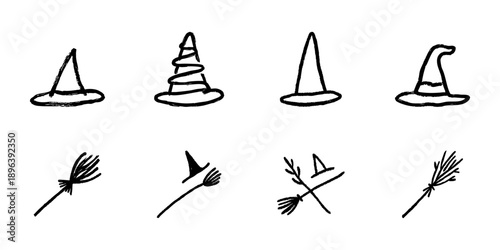 Witch Hat And Broomstick Line Icon Set In Doodle Style. Halloween, Magic, And Wizardry Symbols Outline Sketch Collection. Spooky And Enchanting Theme. Hand Drawn Isolated Vector Illustration