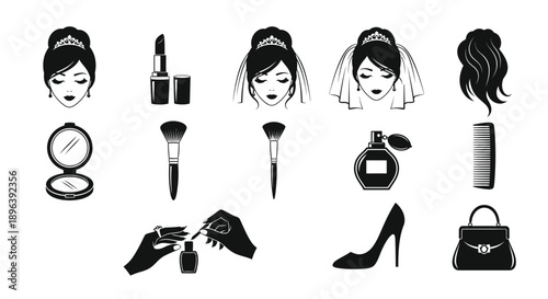 Black and white illustration of various makeup and fashion icons for bride or woman including cosmetics accessories and beauty products on a simple background