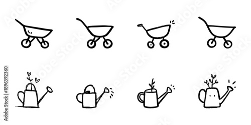 Wheelbarrow And Watering Can Line Icon Set In Doodle Style. Gardening Tools And Plant Care Outline Sketch Collection. Horticulture And Landscaping Essentials. Hand Drawn Isolated Vector Illustration