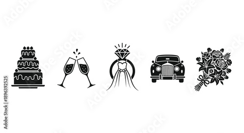 Wedding icons including cake champagne dress car and flowers for celebration and marriage