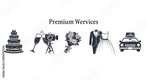 Premium wedding services icons including cake camera bouquet suit and car on white
