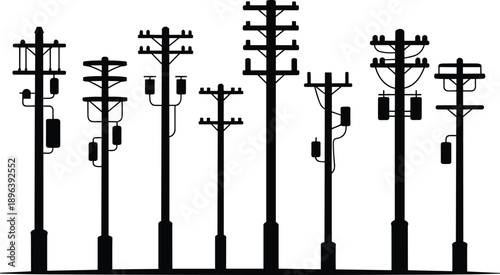 Silhouette of various utility poles with transformers and equipment on a white background power pole