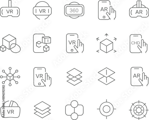 Linear vector icon set for virtual reality augmented reality and mixed media featuring VR headsets AR mobile apps 360 degree views and 3D simulation branding design