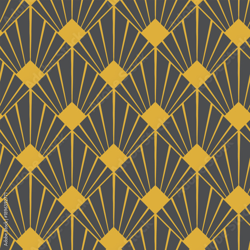 Art Deco inspired geometric pattern in gold and black, featuring repeating diamond shapes and radiating lines.