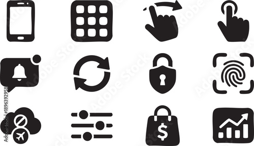 Black Mobile App and User Interface Icons Set
Set of black solid mobile app and user interface icons including smartphone, app grid, swipe gesture, touch button, notification, refresh, security lock, 