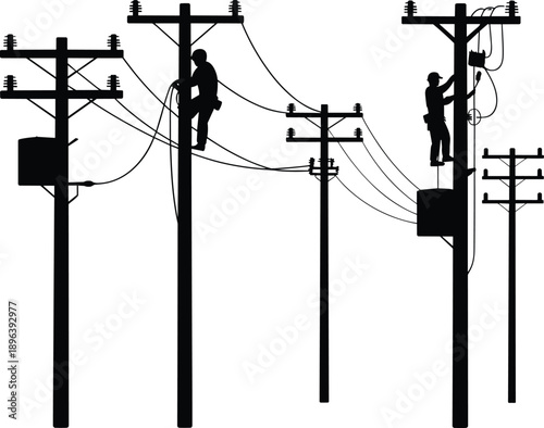 Silhouettes of utility poles with transformers and linemen performing electrical work on a white background Keywords: electricity, power line, utility pole, lineman, electrician