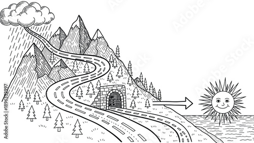 A winding road through rainy mountains enters a tunnel, emerging towards a sunny seaside. The scene conveys transition from storms to sunny optimism.