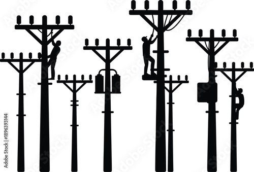 Silhouettes of utility poles with workers climbing and electrical equipment on a white background