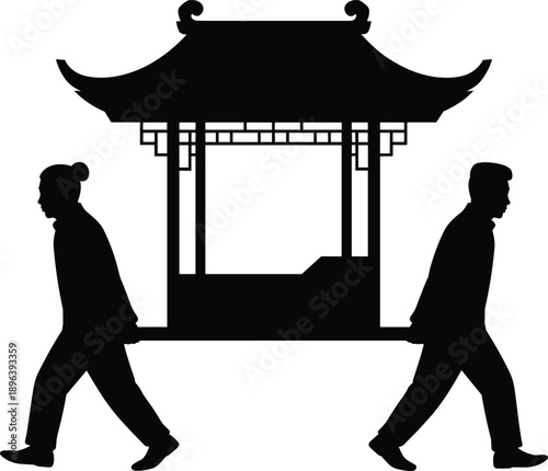 Silhouette of two men carrying traditional Asian pavilion symbolizing culture teamwork heritage ceremony architecture history tradition