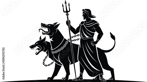 Silhouette of underworld god holding trident with chained three headed dog symbolizing mythology power darkness fantasy legend