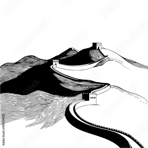 Illustration of the great wall of china winding through mountains with watchtowers in black and white