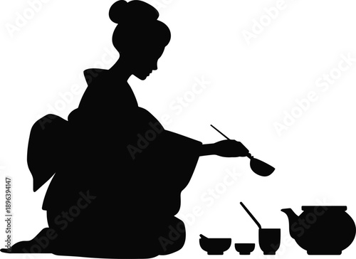 Silhouette of woman preparing traditional tea ceremony with teapot symbolizing culture ritual mindfulness heritage calm elegance