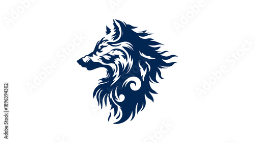 Stylized dark blue wolf head illustration with tribal ornamental details, side profile view of a wild canine animal graphic.