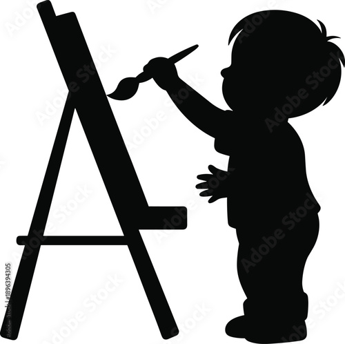 Silhouette of young child painting on easel with brush symbolizing creativity art education imagination learning childhood